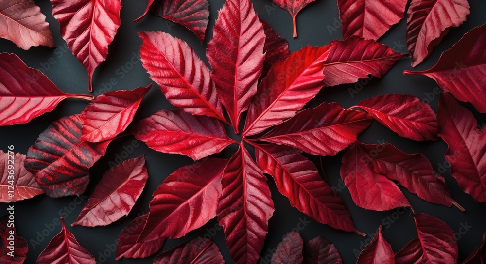 Poster vibrant red leaves in various shapes arranged artistically on a dark background creating an abstract