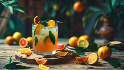 Obraz premium Citrus Infused Punch Drink Garnished with Fresh Fruits on Rustic Wooden Table with Copy Space for Refreshing Beverage Promotions