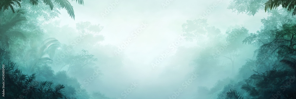 Poster lush vegetation and misty fog enveloping a tropical rainforest on a cloudy day, creating a captivati
