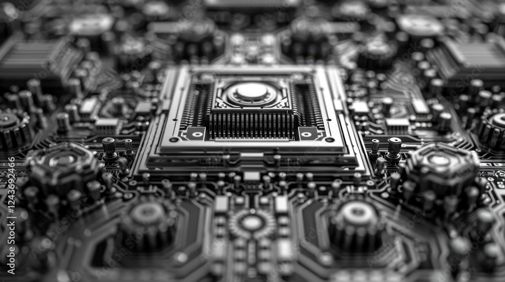 Poster Abstract Monochrome Circuit Board with Central Processor