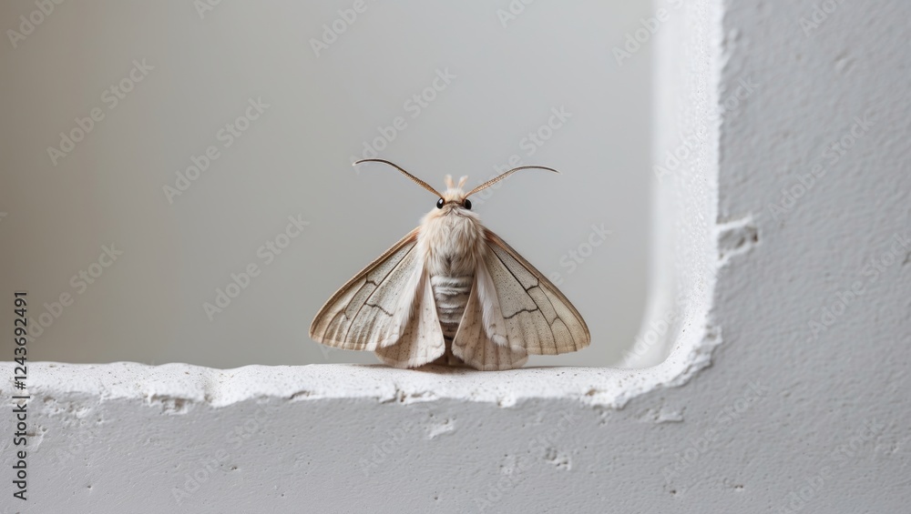 Poster delicate moth perched on a white wall showcasing intricate wing patterns and soft textures in minima