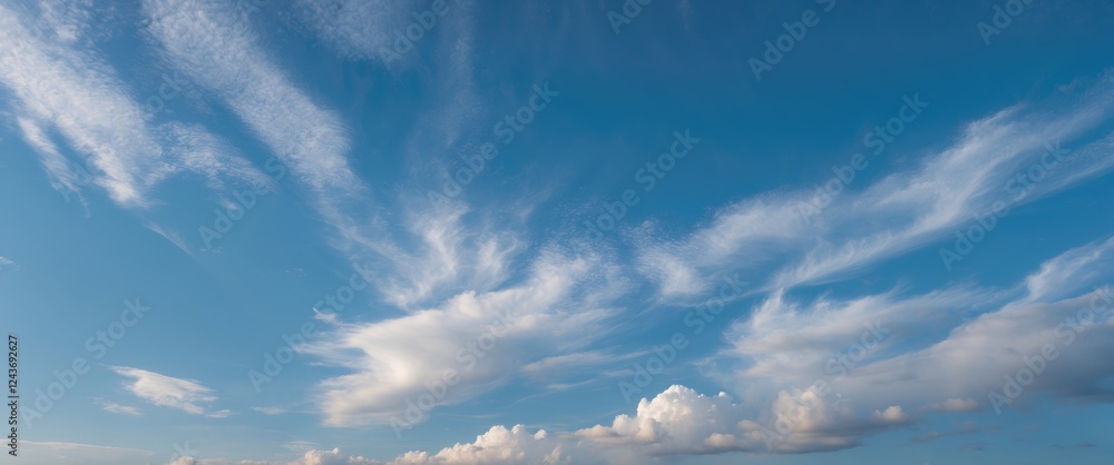 Poster serene blue sky adorned with wispy clouds creating a tranquil atmosphere ideal for nature and weathe