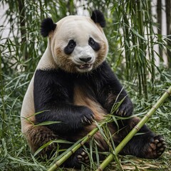 Obraz premium A giant panda sitting and munching on bamboo, its round body contrasting with the white background.