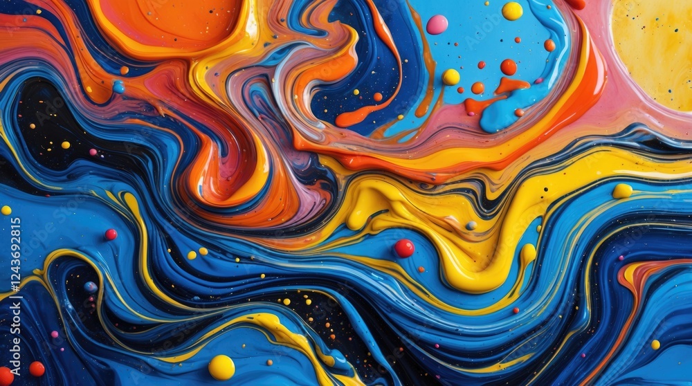 Poster vibrant abstract acrylic paint background with swirling patterns and colorful splashes resembling a 