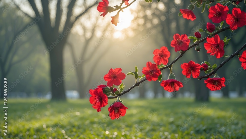 Poster soft sunlight illuminating vibrant red flowering branches in a serene park setting with plenty of em