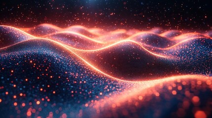 Dynamic Wave Pattern in Cyberpunk Digital Landscape with Glowing Data Points and Interconnected Lines