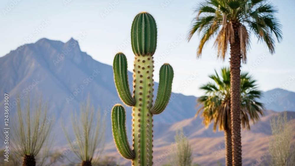 Poster cactus with green stem and brown spots surrounded by palm trees and mountains under clear sky with s
