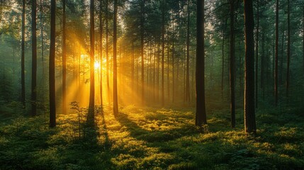 Fototapeta premium Tranquil forest bathed in soft sunlight, earthy tones blending harmoniously, evoking peace and natural serenity.