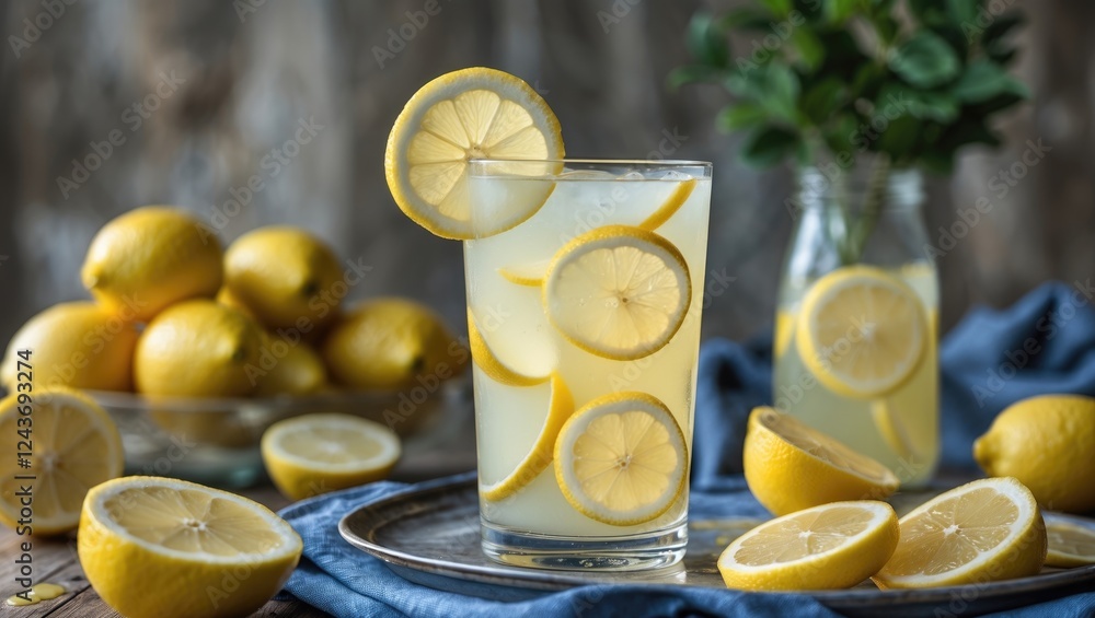 Poster refreshing lemonade with lemon slices on a rustic table and fresh lemons in the background for summe