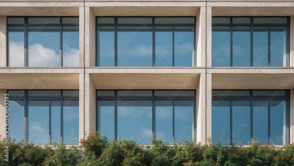 Poster modern architectural facade with large windows reflecting clouds and greenery below creating a seren