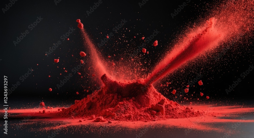 Poster dynamic burst of red powder creating vivid splash effect against a dark background, capturing motion