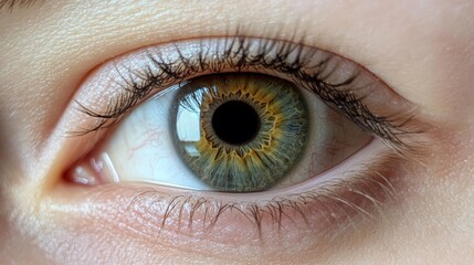 Macro close up of a human female eye showcasing the intricate details of the iris, pupil, eyelashes, and surrounding skin, highlighting the beauty and complexity of the organ of vision