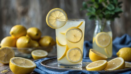 Refreshing Lemonade with Lemon Slices on a Rustic Table and Fresh Lemons in the Background for Summer Beverage Promotion