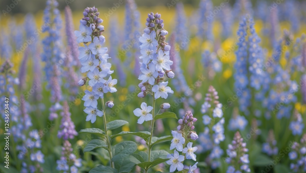 Poster aquilegia flowers in soft focus amidst a flowering meadow with colorful blooms and empty space for t