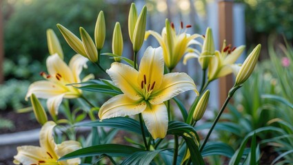 Vibrant yellow lilies blooming in a tranquil garden setting showcasing natural beauty and serenity in floral arrangements.