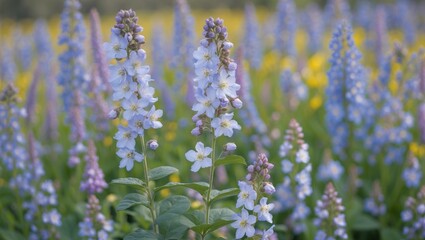Obraz premium Aquilegia Flowers in Soft Focus Amidst a Flowering Meadow with Colorful Blooms and Empty Space for Text in a Natural Garden Setting