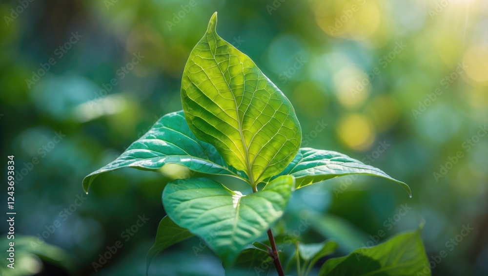 Poster close-up of a vibrant green leaf bathed in soft diffused lighting showcasing intricate textures and 