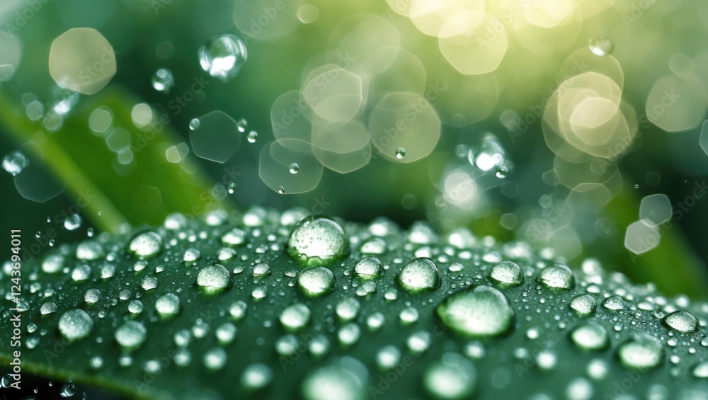 Poster close-up of water droplets on a green leaf featuring a vibrant bokeh background, emphasizing texture