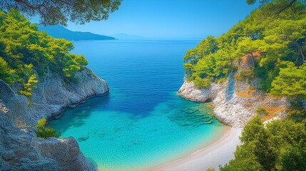 Fototapeta premium The stunning Blue Lagoon of Kastani beach on the island of Skopelos in Greece, with its turquoise water and lush greenery, is an amazing place to explore during your vacation