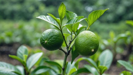 Fototapeta premium Fresh Calamansi Lime Plant with Lush Green Leaves in Tropical Garden Setting Ideal for Nature and Agriculture Themes