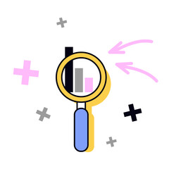 Concept of search, research and analysis magnifying glass for business infographics. Discovery symbol website icon with pluses and arrows. Vector trendy flat illustration isolated on white background