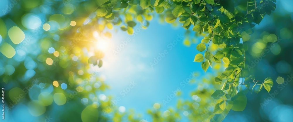 Poster abstract circular bokeh background featuring lush greenery and sunlight with blurred foliage creatin