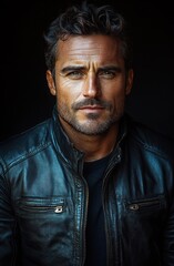 Fototapeta premium Dramatic Portrait of Mysterious Man in Black Leather Jacket with Chiaroscuro Lighting