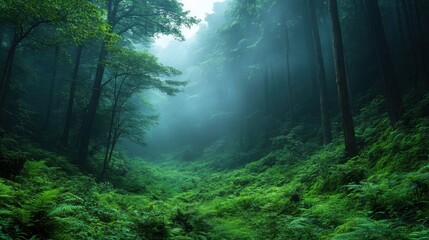 Tranquil forest bathed in soft sunlight, earthy tones blending harmoniously, evoking peace and natural serenity.