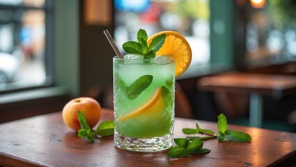 Fototapeta premium Refreshing mint cocktail garnished with fruit, served in a stylish glass on a cafe table, showcasing a vibrant and inviting atmosphere.