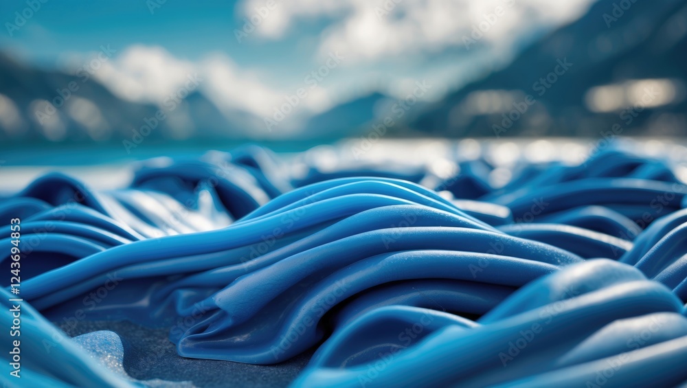 Poster textured close-up of wrinkled blue rubber creating an abstract visual depth against a blurred coasta