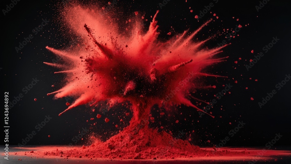 Poster vibrant red powder explosion on a black background showcasing dynamic motion and contrast in an arti