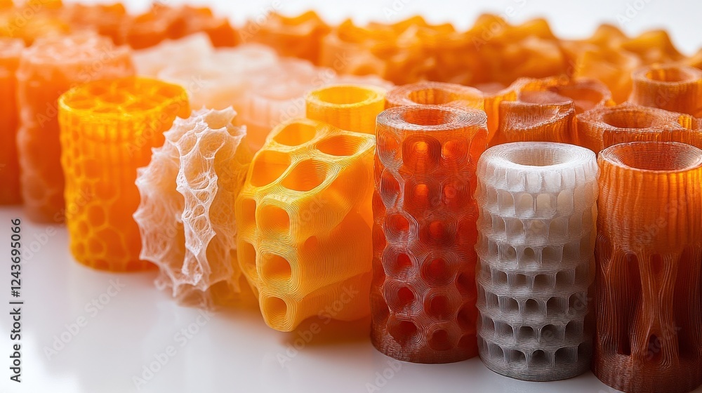 Poster colorful 3d-printed honeycomb structures arranged in a row, showcasing design innovation and creativ