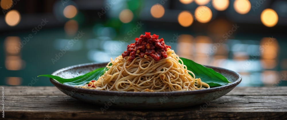 Poster rustic plate of noodles topped with chili paste and leaves on wooden surface with blurred water and 