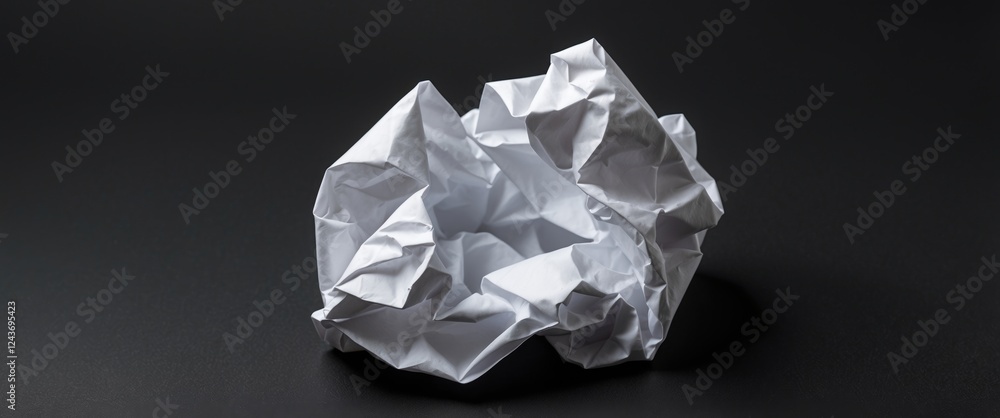 Poster crumpled white paper on a smooth black background highlighting texture and contrast for creative des