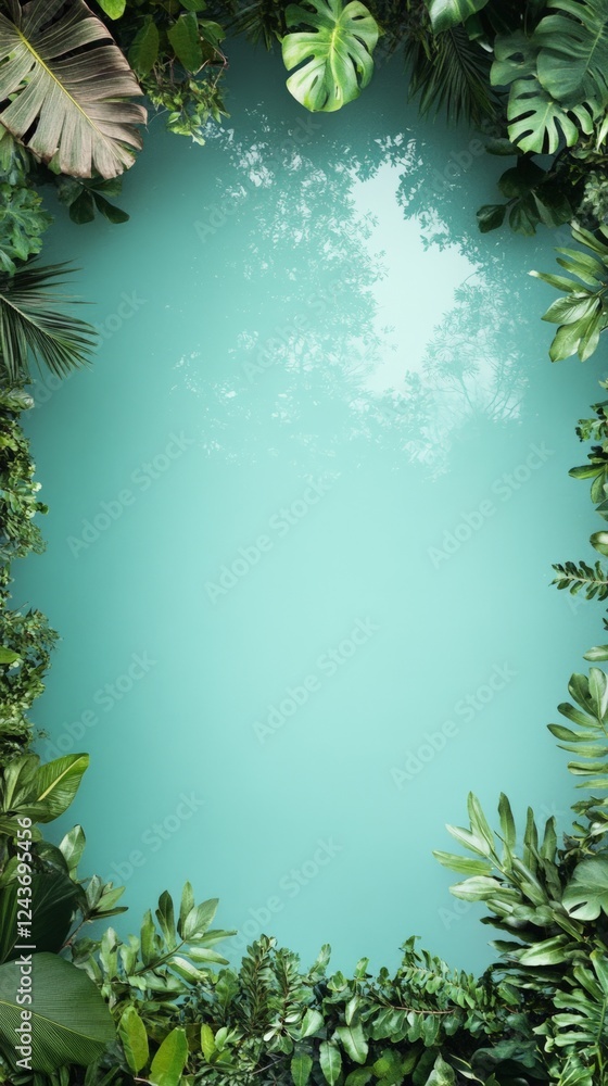 Poster lush tropical foliage forms a vibrant frame around a tranquil turquoise backdrop, reflecting a seren
