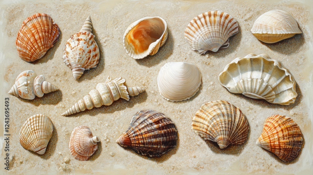 Poster a collection of various seashells arranged on a sandy surface.