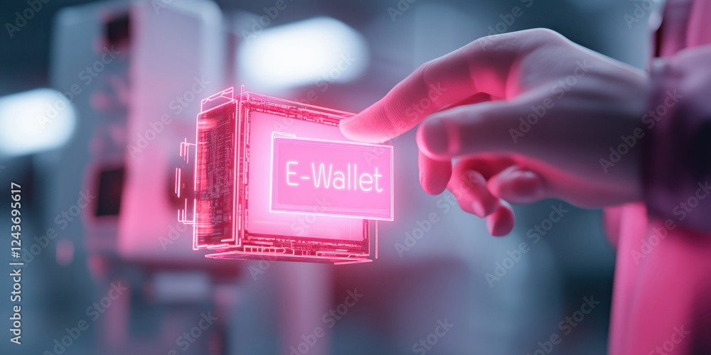 Poster digital assistant interacting with e wallet interface, showcasing technology