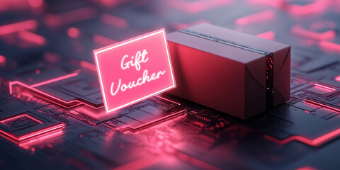 Gift voucher on glowing circuit board background, showcasing digital technology