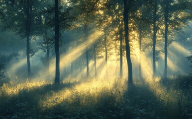 Fototapeta premium Forest Scene at Dawn with Sun Rays in Impressionism Style