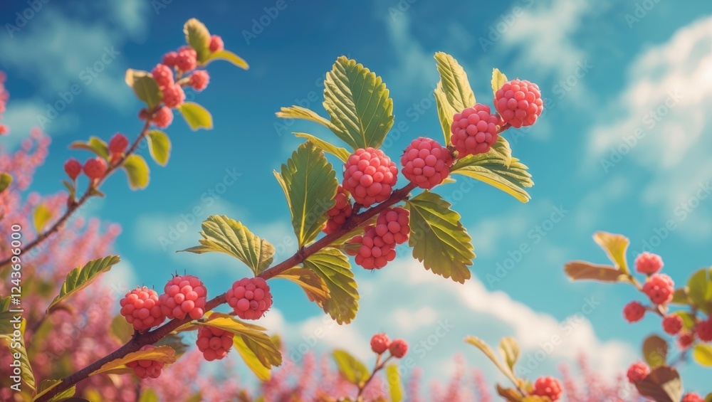 Poster vibrant ashberry branch with leaves against bright sky background featuring empty space for text or 