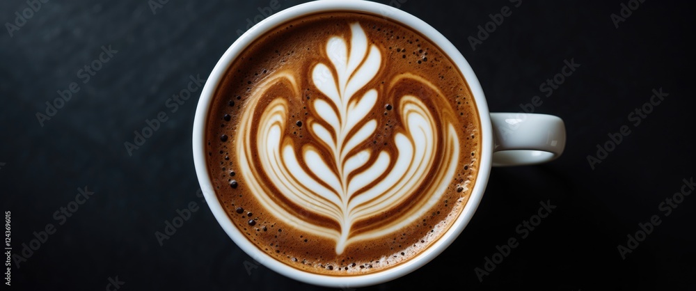 Poster artistic overhead view of a latte with intricate foam design on a dark background ideal for coffee-r