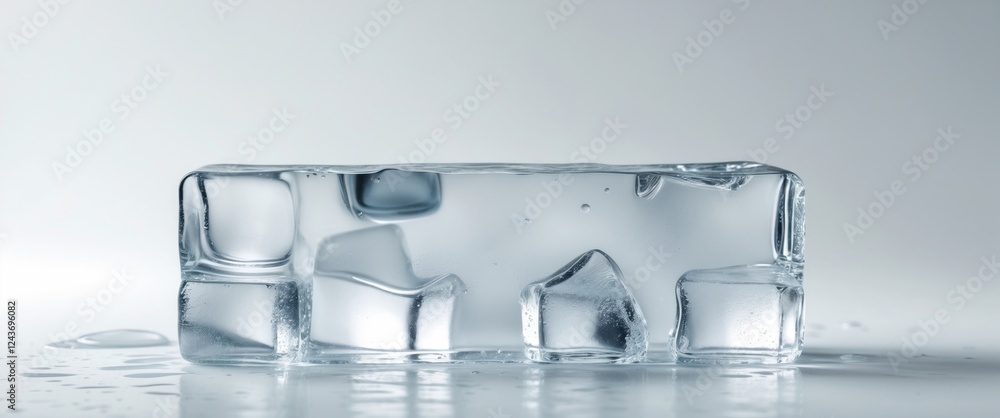 Poster rectangular block of clear ice with water droplets on white background symbolizing purity and freshn