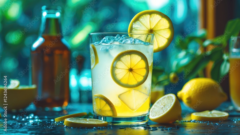 Poster refreshing lemonade in a glass with slices and ice on a rustic table surrounded by fresh lemons and 
