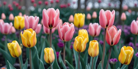 Vibrant colorful tulips in a blooming garden with soft petals and lush greenery perfect for spring themes and creative text placements.