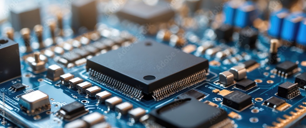 Poster detailed close-up of a microchip surrounded by various electrical components on a circuit board with