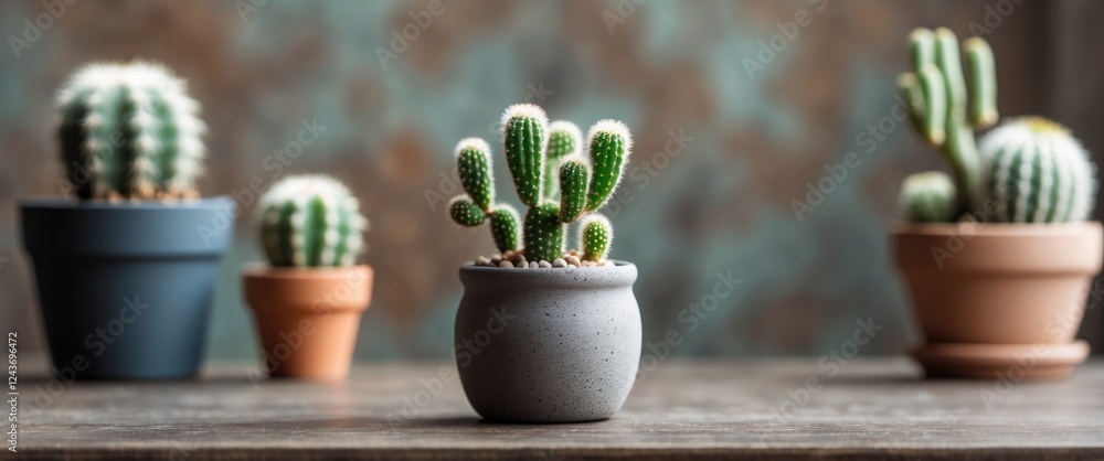Aufkleber charming mini cactus in a grey pot on table with various cacti in background and ample space for cre