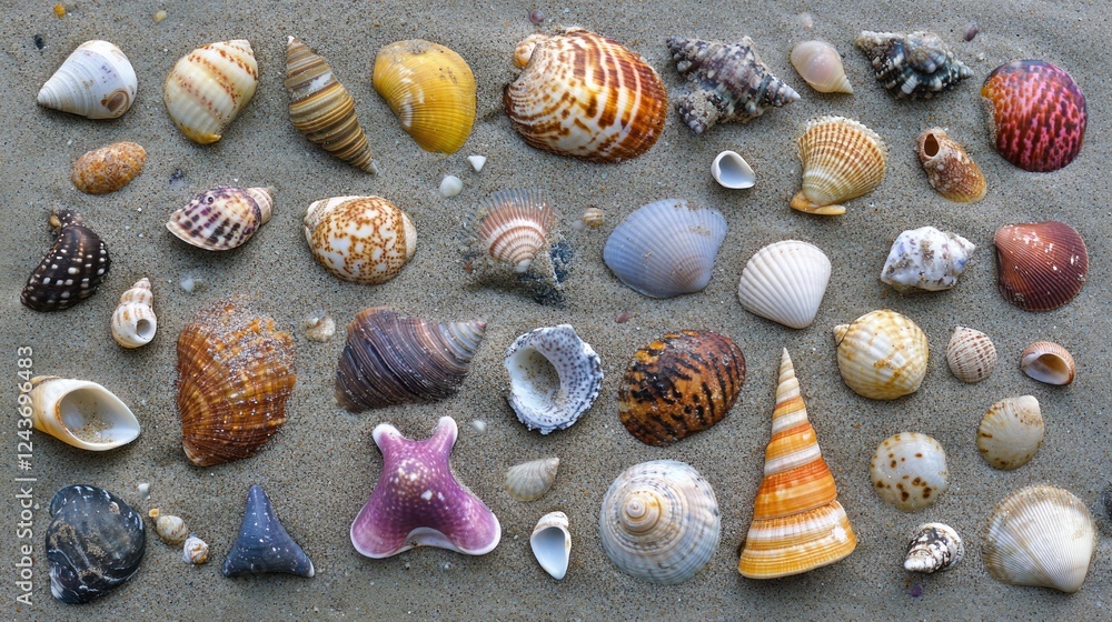 Poster a collection of various seashells arranged on sand, showcasing their diverse shapes and colors.