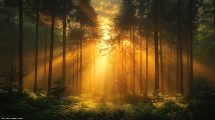 Obraz premium Tranquil forest bathed in soft sunlight, earthy tones blending harmoniously, evoking peace and natural serenity.