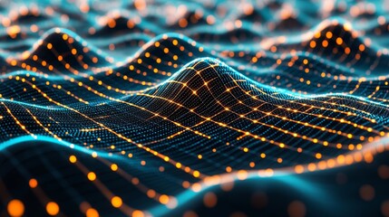 Abstract Network Topography A Glowing Blue Grid with Orange Peaks on a Dark Background
