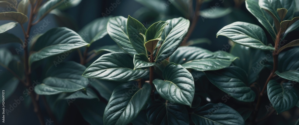 Poster close-up of lush polyscias scutellaria leaves illuminated by soft light highlighting their textures 